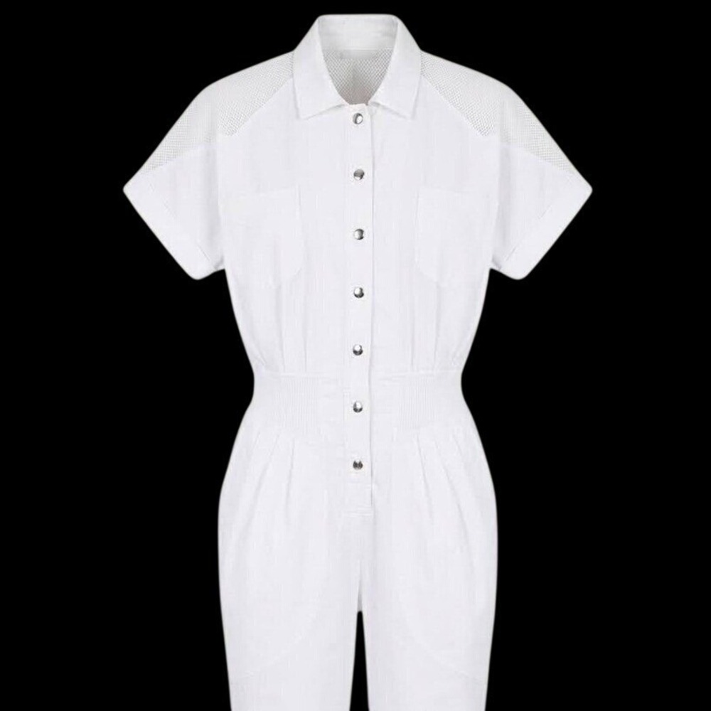 Vintage Venezia Jumpsuit Women Medium White Snap Front Elastic Waist 90s Retro